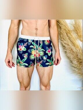 aussieBum Tropical Floral Swim Trunks Board Shorts Navy Blue Men's Size M